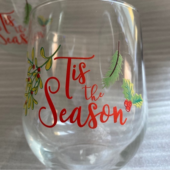 TIS THE SEASON Printed Stemless Wine Glasses Red Green 16.8oz, Set of 2 - Picture 2 of 3